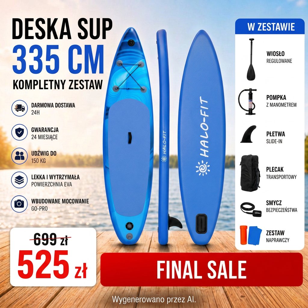 Deska SUP 335cm Niebieska Pompowana Komplet-wiosło,pompka, plecak