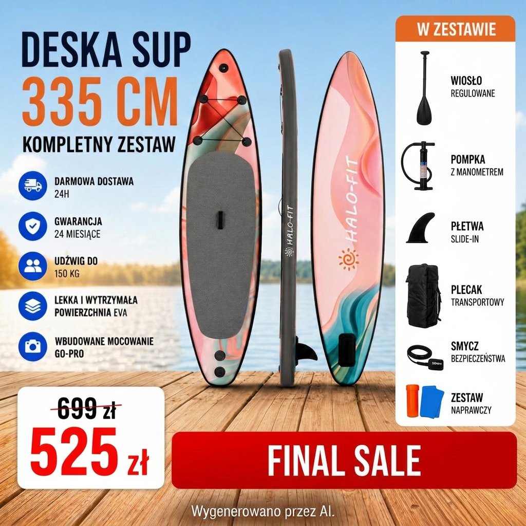 Deska SUP Pompowana Różowa 335cm- komplet z wiosłęm pompką i plecakiem