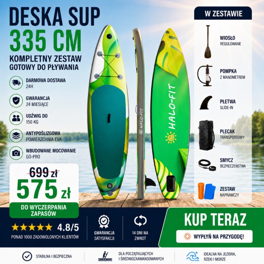 Deska SUP pompowana do pływania Halo-Fit 335cm zielona z wiosłem i pompką okazja komplet stabilna i trwała Deska SUP pompowana do pływania Halo-Fit 335cm zielona z wiosłem i pompką okazja