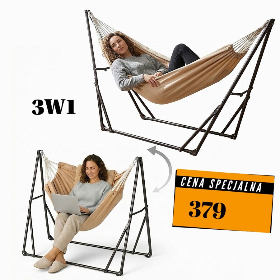 Hamak składany ze stelażem na balkon, taras, piknik 3w1 metalowa rama stabilny i trwały