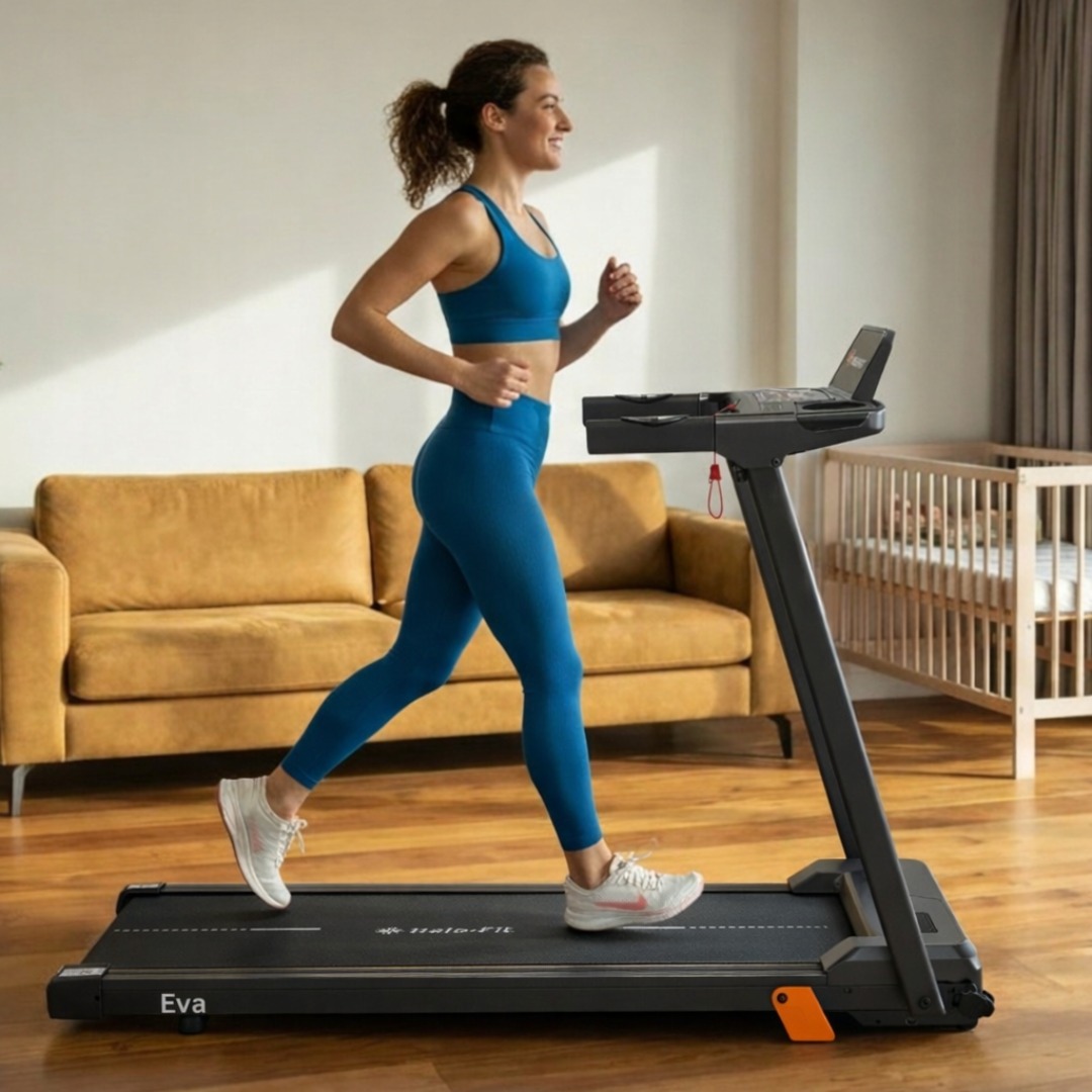 Bieżnia HaloFit Eva regulacja kąta aplikacja Fitshow Chujniki pulsu 12 programów treningowych