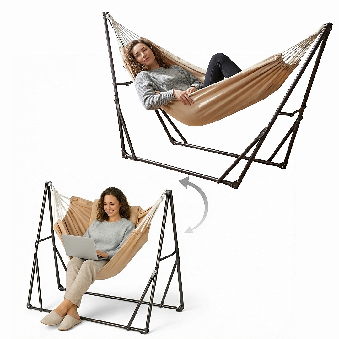 Hamak składany z metalowym stelażem na balkon, taras, piknik 3w1 metalowa rama