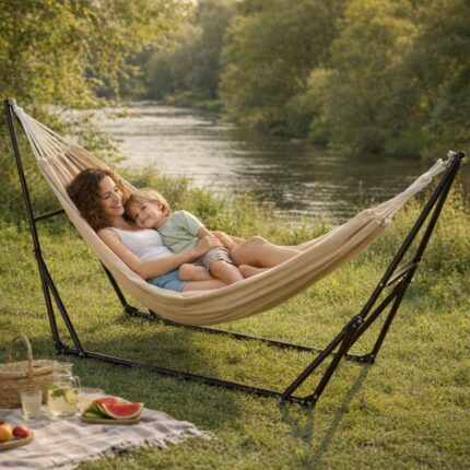 Hamak składany ze stelażem na balkon, taras, piknik 3w1 stalowa mocna rama