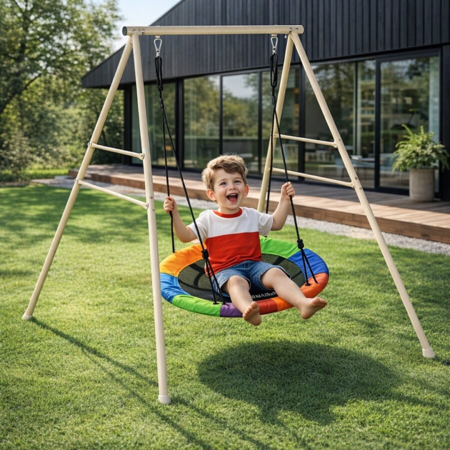 Huśtawka Halofit metalowa rama stabilna i bezpieczna bocianie gniazdo Huśtawka bocianie gniazdo ze stelażem metalowym HaloFit wymiary