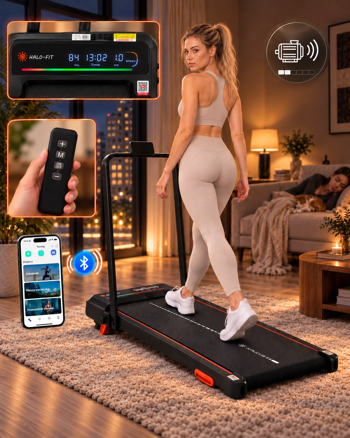 Bieżnia HALO-FIT LUNA z pilotem, wyświetlaczem i obsługą Bluetooth FitShow
