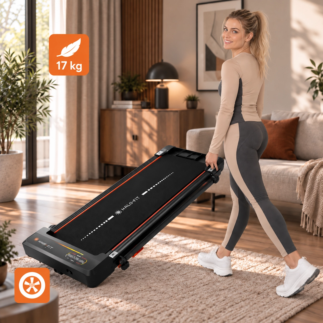 Lekka bieżnia HALO-FIT LUNA o wadze 17,2 kg z kółkami transportowymi