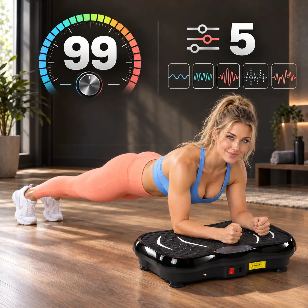 99 poziomów intensywności i 5 programów treningowych platformy wibracyjnej HALO-FIT
